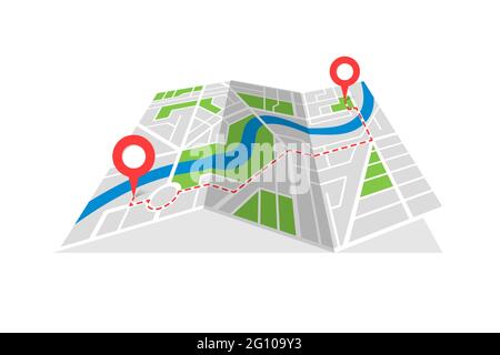 Stadtstraßenkartographie gefalteter Kartenplan mit GPS-Positionsnadeln und roter Navigationsroute zwischen Punktmarkierungen. Finding way path direction Concept Perspective view isometrische eps-Illustration Stock Vektor