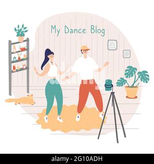 Tanzstars nehmen Videos für ihren Blog auf. Dance Challenge-Konzept. Junge Männer und Frauen lernen Moves mit Online-Kursen und Tutorials Stock Vektor