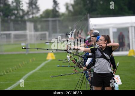 Berlin, Deutschland. Juni 2021. Bogenschießen: Deutsche Meisterschaft, Blankbogen. Die Athleten in Aktion. Quelle: Paul Zinken/dpa/Alamy Live News Stockfoto