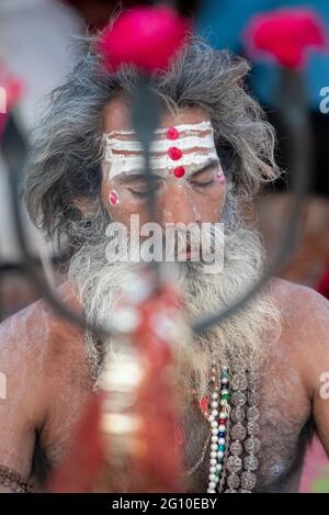 Haridwar, Uttarakhand, Indien 12. April 2021. Indische Heilige in ihrer traditionellen Art von Yog Mudra, meditierend. Schweigend sitzen als Teil der Initiation von neuem Sadhus während Kumbha Mela. Die Naga Sadhus. Stockfoto