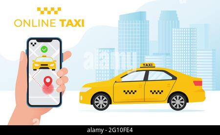Online Taxi Service Konzept. Gelbes Taxi Auto und Hand hält Smartphone mit Taxi-Anwendung auf Stadt Hintergrund. Vektorgrafik im flachen Stil Stock Vektor