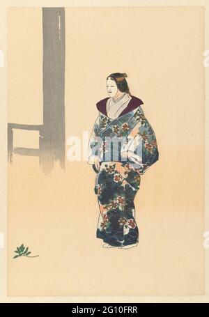 Schauspieler vom NOH-Theater bis zu Tomonaga; Tomonaga; Play a Hundred noh; NUAKU HYAKUBAN. Schauspieler in Frauenrolle, mit weißer Maske, bekleidet mit blauem Kimono mit floralen Motiven, Perlenkette in der rechten Hand. Im Vordergrund und Zweig, im Hintergrund der Vorschlag eines Gebäudeteils. Linker Teil von Diptiek. Stockfoto