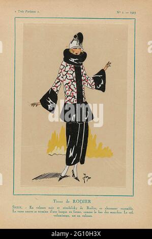 très Parisien, 1923, No 1: Tissus de Rodier .... 'Charmantes Ensemble' aus schwarzem Samt mit voluminösem Rollkragen von Rodier. Druck aus dem Modemagazin Très Parisien (1920-1936). Stockfoto