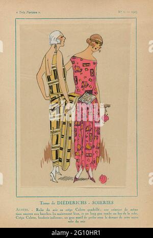Très Parisien 1923 No 1: Tissus De Diederichs - Soieries. Zwei Abendkick von Crepe colette. Druck aus dem Modemagazin Très Parisien (1920-1936). Stockfoto