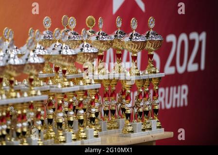 Dortmund, Deutschland. Juni 2021. Finale 2021 - Taekwondo in der Helmut-Körnig-Halle: Die Pokale werden auf einem Tisch in der Halle platziert. Quelle: Bernd Thissen/dpa/Alamy Live News Stockfoto