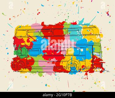 Doppeldeckerskizze über farbigen Splatten, Vektordarstellung Stock Vektor
