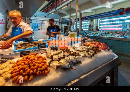 FRANKREICH. PYRENEES-ATLANTIQUES (64) BIARRITZ, LES HALLES DE BIARRITZ, FISCHMARKT Stockfoto