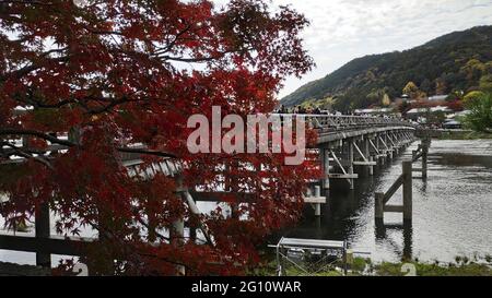 KYOTO, JAPAN - 13. Jan 2020: Kyoto, Japan-26. Nov 2019: Togetsu-kyo-Brücke über den Katsuragawa-Fluss mit farbenprächtiger Waldgebirgslandschaft in Arashiy Stockfoto