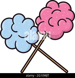 Blaue und rosa Zuckerwatte auf Stäbchen isolierte Vektorgrafik für den Cotton Candy Day am 7. Dezember Stock Vektor