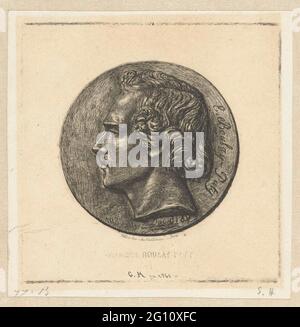 Porträt des Dichters evarist boulay paty auf Bronzemedaillon; Evariste Boulay-Pate. Porträt des Dichters evarist boulay-paty, geprägt auf einem Bronzemedaillon des Künstlers Pierre Jean David d'Angers. Die mit Daum erworbene Unterschrift des Bildhauers zeigt, dass dieses Bild 1837 hergestellt wurde. Der Name der dargestellten Person befindet sich direkt neben dem Kopf. Mit Dense arces hat Meryon die dunkle, weich glänzende Metalloberfläche gezeigt. Stockfoto