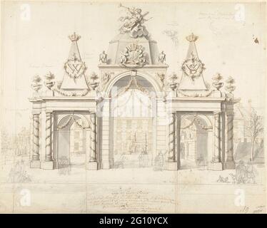Erepoort auf dem Buitenhof für die Einreise von Willem V und Wilhelmina van Preussen, 1767. Blick auf den Ehrenhafen, der am 9. November 1767 auf dem Buitenhof zur Einführung des frisch verheirateten Stadhouder Willem V und seiner Frau Prinzessin Wilhelmina van Preussen in Den Haag gegründet wurde. Design für einen Druck. Stockfoto