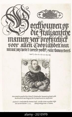 Porträt von Nicolaus Petri aus Deventer; L'homme schlagen vor, et dieu entsorgen; Boeck höhlt an diesem ItaliaSche Weg (...) .. Porträt von Nicolaus Petri aus Deventer, Chat-Meister und Astronom in Amsterdam. Porträt der Hälfte, hinter einem Tisch, auf dem mathematische und astronomische Instrumente: Globus, Himmelsatmosphäre, Astrolabium, Passant. Links von seinem Kopf eine geometrische Figur, rechts eine himmlische Atmosphäre. Mann links im Hintergrund ein Messgerät fokussiert auf den Obelisk rechts im Hintergrund. Der Druck wird hier für die Titelseite von Petris Buch 'Book Haze at That Italiasche Way ... Stockfoto