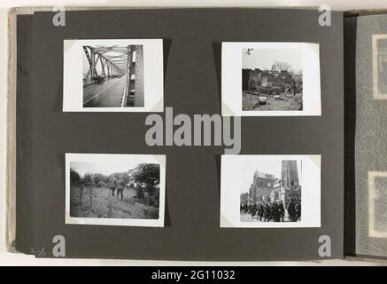 Kriegsschäden und Kriegsgefangene. Albumblatt mit vier Fotos einer Truppensäule auf einer Brücke in Rotterdam, einem zerstörten Gebäude, einem Feld mit deutschen Kriegsgräbern und einer Kolonne englischer Kolonialgefangener in Belgien, Juni 1940. Teil des Fotoalbums der Wehrmacht 1938-1941. Stockfoto