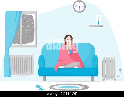 Eiskalte Frau in der kalten Wohnung im Winter. Mädchen in Decke gewickelt sitzt auf dem Sofa. Heizkörper und Heizung verwenden, wenn es im Inneren kalt ist. Selbstisolierung bei kalter Stock Vektor
