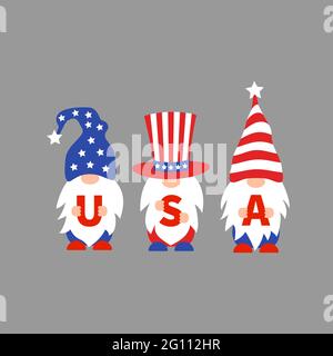 Amerikanische patriotische Gnome. USA Unabhängigkeitstag. Am 4. Juli Figuren Clipart. Vektorgrafik. Stock Vektor