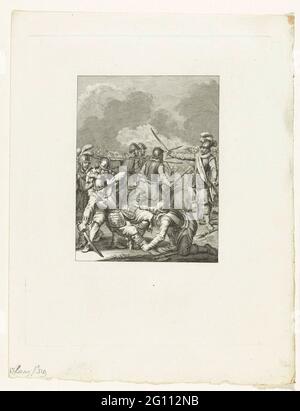 Death of Charles de Boisot, 1575; Death of Boisot / XVII. Gesang; Szenen aus dem Leben von Prinz Willem I, 1568-1584; Künstliche Platten aus dem Eursten-Epos, in Four and Twenty Dangers von den Niederlanden Closer J. Nomsz .. Tod von Charles de Boisot auf dem Schlachtfeld während eines Kampfes mit Mondragon, 29. September 1575. Siebzehnten Gesang. Stockfoto