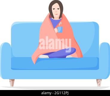 Traurige allein Frau sitzt gewickelte Decke auf dem Sofa. Deprimiert und müde Mädchen mit heißem Getränk. Selbstisolierungskonzept. Vektorgrafik im flachen Stil. Stock Vektor