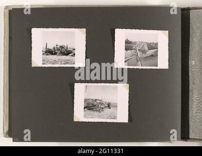 Kriegsschaden, Mai 1940. Albumblatt mit drei Fotos vom Mai 1940. Zwei Fotos von deutschen Soldaten in einem Schuss (Briten?) Flugzeug und Foto einer zerstörten Brücke bei Rotterdam. Teil des Fotoalbums der Wehrmacht 1938-1941. Stockfoto