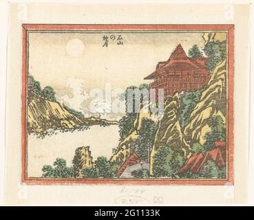 Herbstmond bei Ishiyama; Ishiyama no Shugetsu; acht Gesichter auf der Provinz Omi eingraviert; Doban Omi Hakkei. Berglandschaft mit Vollmond; IM Vordergrund EIN Tempel in den Bergen. Stockfoto