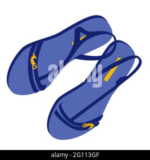 Blaue Frauen-Flip-Flops mit gelbem Seepferd. Wunderschöner Strand. Vektordarstellung von oben Stock Vektor