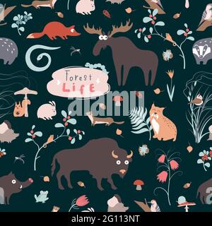 Nette lustige Vektor Wald Tiere nahtlose Textur Stock Vektor