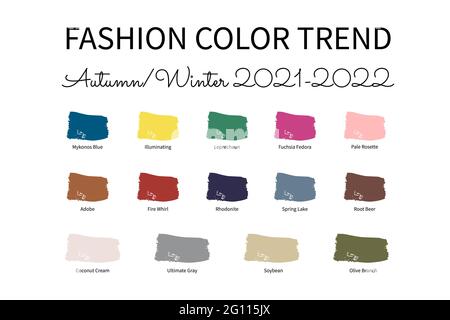 Fashion Color Trend Herbst Winter 2021 - 2022. Trendige Farbpalette. Pinselstriche der Farbe mit Namensfeldern. Einfache Bearbeitung der Vektortemperatur Stock Vektor