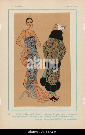 Très Parisien, 1923, Nr. 11: 18. - Sirenen. - Très Grande Allure .... Fourreau (Abendkleid) aus Lamé. Lamé Abendumhang garniert mit schwarzem Fuchspelz. Stoffe von „Dorures Louis Mathieu“. Druck aus dem Modemagazin Très Parisien (1920-1936). Stockfoto