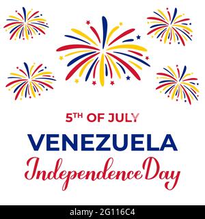 Venezuela Independence Day Schriftzug mit Feuerwerk isoliert auf weiß. Nationalfeiertag am 5. Juli. Vektor-Vorlage für Banner, Begrüßung Auto Stock Vektor