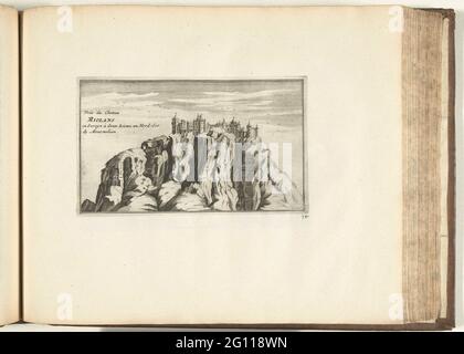 Blick auf die Château de Miolans, 1726; Due du Chateau Miolans und Savoy (...); Les Forces de l'Europe, Asie, Afrique et Amerique (...) Comme Aussi Les Cartes des Côtes de France et d'Espagne. Blick auf die französische Château de Miolans, in der Nähe von Montmélian. Tafel Nr. 341 im Teil XIV des Bildes: Les Forces de l'Europe, Asia, Afrique et amic ... Comme Aussi Les Cartes des Côtes de France et d'Espagne aus dem Jahr 1726, dieser zweite Teil mit 271 handnummerierten Tafeln namhafter starker Städte und Festungen im Kontext des spanischen Erbfolgekrieges 1701-1713. In den meisten Teilen wurden diese Platten kopiert Stockfoto