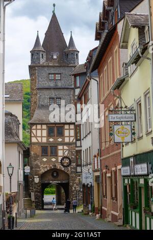 Mittelalterliche Stadt Bacharach, Fachwerkstadt, Oberes Mittelrheintal, UNESCO-Weltkulturerbe, Rheinland-Pfalz, Deutschland Stockfoto