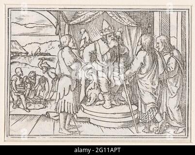 Moses und Aaron im Gespräch mit Pharao über Israeliten. Mose und Aaron bitten den Pharao, die Israeliten freizulassen. Auf der linken Seite im Hintergrund arbeiten die Israeliten hart und werden wie Sklaven behandelt. Der Text Exodi V. befindet sich am Rand über dem Bild. Stockfoto