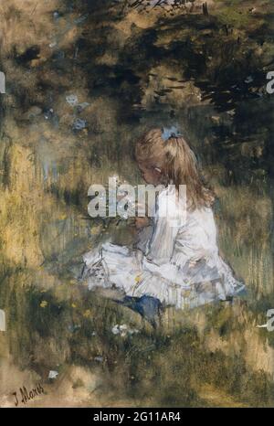 Ein Mädchen mit Blumen auf dem Gras. Ein Mädchen in einem weißen Kleid, von der Seite betrachtet, sitzt auf dem Gras und hält einen Strauß wilder Blumen. Das Blau der Blumen spiegelt sich im Bogen in ihren Haaren und Schuhen wider. Wahrscheinlich war es eine von Maris’s Töchtern, die diese idyllische Szene modellierte. Die Atmosphäre und der Stil der Malerei erinnern an das Werk französischer Impressionisten des 19. Jahrhunderts wie Claude Monet und lassen sich von Maris gewohnter Graupalette abbringen. Stockfoto