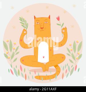 Entspannte Katze in Harmonie sitzt in Yoga-Lotus-Position und meditiert. Katze im Zen-Gleichgewicht mit Blumen. Vektorgrafik Zeichentrickfigur. Selbstkontrolle. Katze hat r Stock Vektor