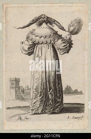 Frau, die nach Mode aus der Zeit um 1630 gekleidet ist, von hinten gesehen. Frau, von hinten gesehen, eine Rosette mit breiten, hervorragenden Klappen im Haar. Federstiftventilator in der rechten Hand. Burg links im Hintergrund. Stockfoto