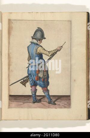 Soldat schließt die Pfanne seines Steuerruders (Nr. 17), ca. 1600. Ein Soldat, voll, rechts, der die Pfanne (das Pulverreservoir) seines Steuerruders (eine bestimmte Art von Schusswaffen) mit seiner rechten Hand (eine bestimmte Art von Schusswaffe) schließt. 17), ca. 1600. In seiner linken Hand, außer dem Rühren, auch ein brennender Docht. Platte 17 in der Handhabungsanleitung: Kurze Anleitung auf den Contrefixinges, die richtige Verwendung von Kalibern berühren. Teil der Illustrationen in einer englischen Ausgabe von J. de Gheyns Arms Handhe: J. de Gheyn, die Übung von Armes für Kaliber, Muskettes und Hechte nach dem Ordre von Maurits Prinz von Oranien, Stockfoto