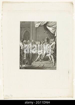 Alva fordert die zehnte Medaille, 1569; Anspruch v. d. Zehnte Dreharbeiten / iv. Gesang; Szenen aus dem Leben von Prinz Willem I, 1568-1584; Künstliche Platten, die zum Epos gehören, in vier und zwanzig Gefahren durch den Niederländischen Closer J. Nomsz .. Der Herzog von Alva fordert die zehnte Medaille bei einem Treffen der Staaten, 1569. Vierter Gesang. Stockfoto