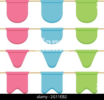 Set aus schönen Girlanden mit Feier-Fahnenkette, rosa, blau, grün Pennons auf weißem Hintergrund zur Dekoration Stock Vektor