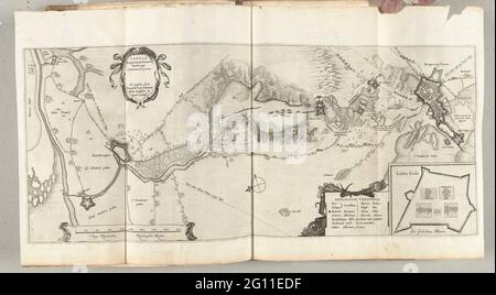 Karte der Belagerung von Bergen op Zoom, 1622; Tabula Bergarum Ad Zomam Stenbergae et Novorum IBI Operum. Karte der gescheiterten Belagerung von Bergen op Zoom durch die spanische Armee unter Spinola und Velasco, 18. Juli - 3. Oktober 1622. Karte von Bergen op Zoom mit der Gegend um Steenbergen. Mit drei Kartuschen mit dem lateinischen Titel, einer niederländisch-lateinischen Wortdeklaration und der Karte des Fort Pinsen (Castra Pinsii). Ein Teil der Aufzeichnungen im Bericht über das Topping und die Eroberung von Grol durch die Staatsarmee unter Frederik Hendrik, 6. Juli bis 19. August 1627. Stockfoto