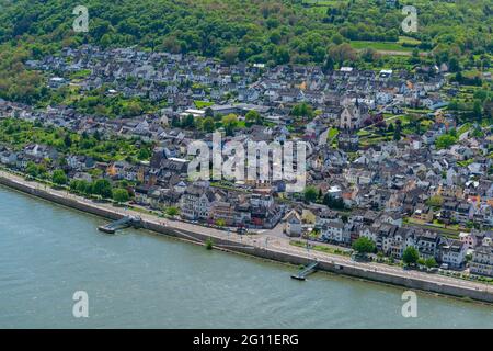 Der kleine Kurort Bad Salzig liegt an der historischen Römerstraße, Rheinland-Pfalz, Deutschland Stockfoto