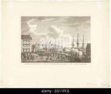 Eroberung der Katzenburger-Brücke, 1787; Übermacht der Kattenburger-Brücke in Amsterdam. Die Eroberung der Katzenburger-Brücke zur Insel Kattenburg auf dem rebellischen Orangen-zims durch die bewaffneten Amsterdamer Bürger, 30. Mai 1787. Linker Teil des Land Sea Magazins. Stockfoto