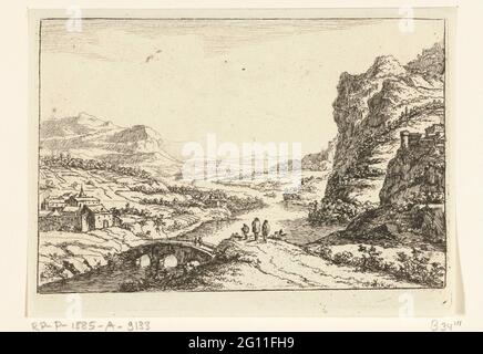 Flusslandschaft mit Steinbrücke; vier Flusslandschaften. Stockfoto