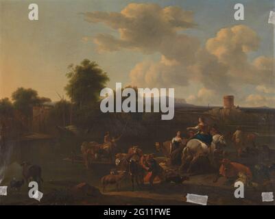 Die Cattle Ferry. Der Ponteveer. Kopie des Gemäldes von Berchem, SK-A-31. Im Vordergrund Watchers Hirten mit ihren Herden von Kühen und Schafen und eine Frau auf einem Pferd auf der Fähre, um den Fluss zu überqueren. Stockfoto