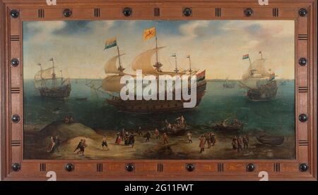 Das Amsterdamer Viermastschiff '' die holländische Tuyn '' und andere Schiffe kehren unter dem Kommando von Paul Van Caerden aus Brasilien zurück. Der Amsterdamer Viermaster 'De Hollandse Tuyn' und andere Schiffe, nachdem er im Mai 1605 unter dem Kommando von Paul van Caerden aus Brasilien zurückgekehrt war. Ufermenschen gehen hinaus, um die Schiffe zu begrüßen, rechts eine Gruppe Fischer. Stockfoto