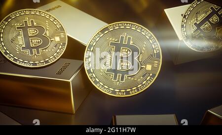 Bitcoin fällt in Goldbarren, Blockchain-Technologie für Kryptowährung, 3d-Rendering Stockfoto