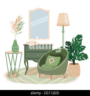 Gemütliches Zimmer mit modernem grünen Sessel. Hygge Ort für Ruhe und Entspannung. Cair, moderner Tisch, Kommode, Spiegel, Lampe, monstera Pflanze in der Wohnung Stock Vektor