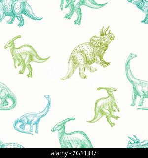 Handgezeichnete Dinosaurier Vektor Nahtloses Hintergrundmuster. Parasaurolophus, Triceratops und Brontosaurus Bunte Skizzen Karte, Verpackung oder Cover Stock Vektor