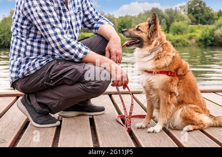 Man and his dog sitting on wooden pier. Holiday with an animal concept. Summer time Stockfoto