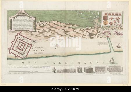 Plan der Küste von Katwijk mit den Fundamenten von Brittenburg. Plan der Küste von Katwijk aan Zee mit den Fundamenten von Brittenburg (Haus in Großbritannien). Oben links eine Kartusche mit einer Beschreibung der Überreste auf Französisch. Rechts und unten eine Übersicht über die Fundamente, die auf der Stelle gefunden wurden. Hergestellt nach einer alten anonymen Zeichnung aus dem Jahr 1572, deren Genauigkeit von Landmeter Dirk van der Boon zertifiziert wurde. Stockfoto