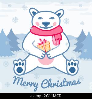 Eisbär mit eingewickelter Geschenkbox trägt roten Schal, Weihnachten niedlichen Charakter im Winterwald, Frohe Weihnachten Grußkarte, Vektor-Illustration Stock Vektor