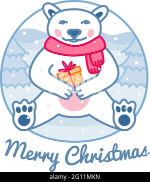Eisbär mit eingewickelter Geschenkbox trägt roten Schal, Weihnachten niedlichen Charakter und Grußkarte, Frohe Weihnachten Zeichen, Vektor-Illustration Stock Vektor